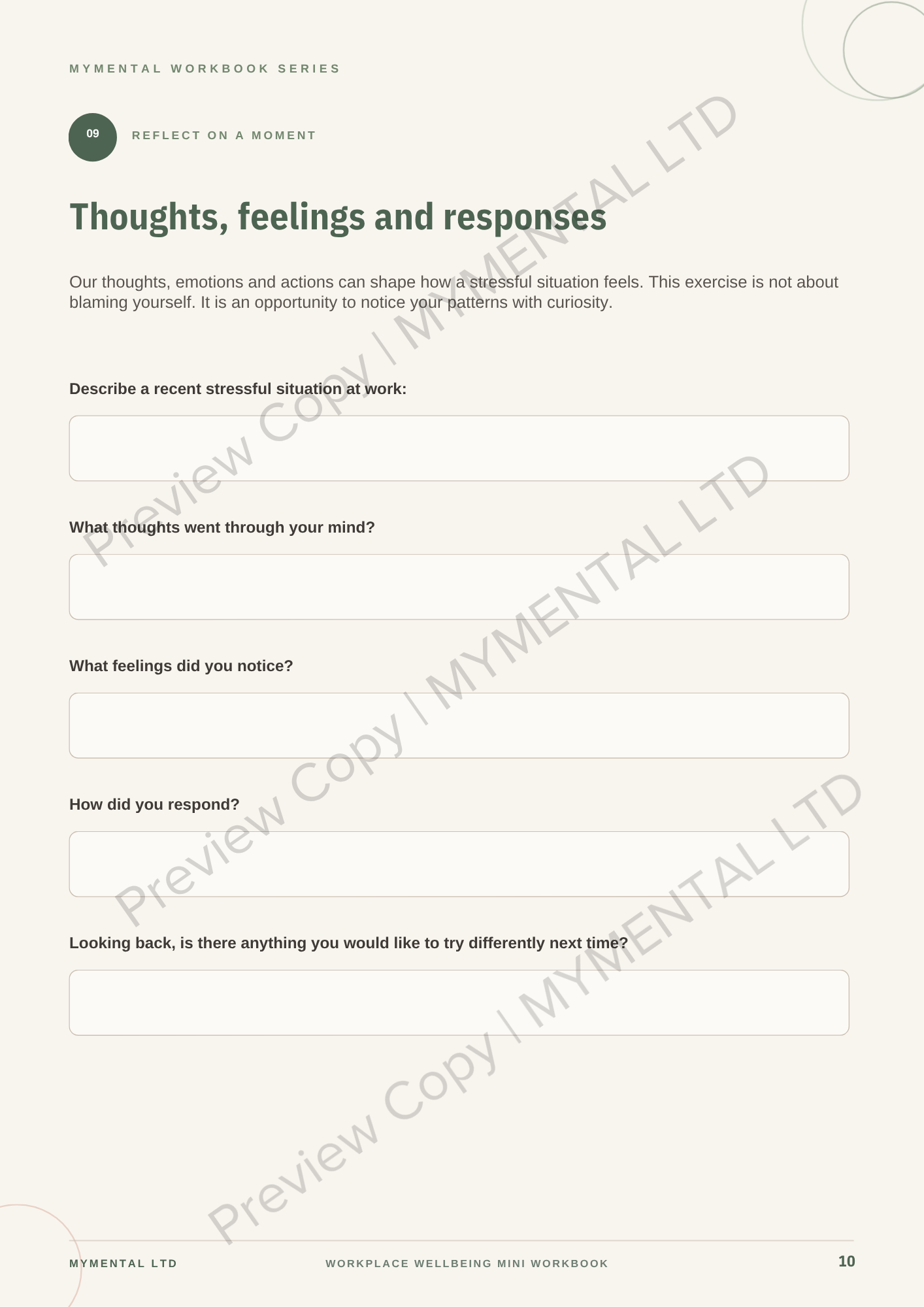 Worksheet titled 'Thoughts, feelings and responses' from MYMENTAL LTD on a white background.