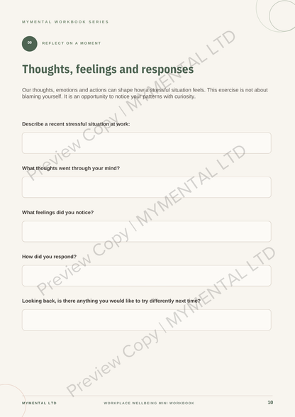 Worksheet titled 'Thoughts, feelings and responses' from MYMENTAL LTD on a white background.